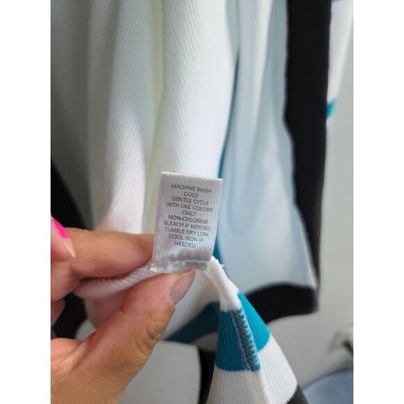 CJ Banks Women White w/Black Teal Trim Long Open Knit Cardigan Sweater size 3X - Picture 7 of 7